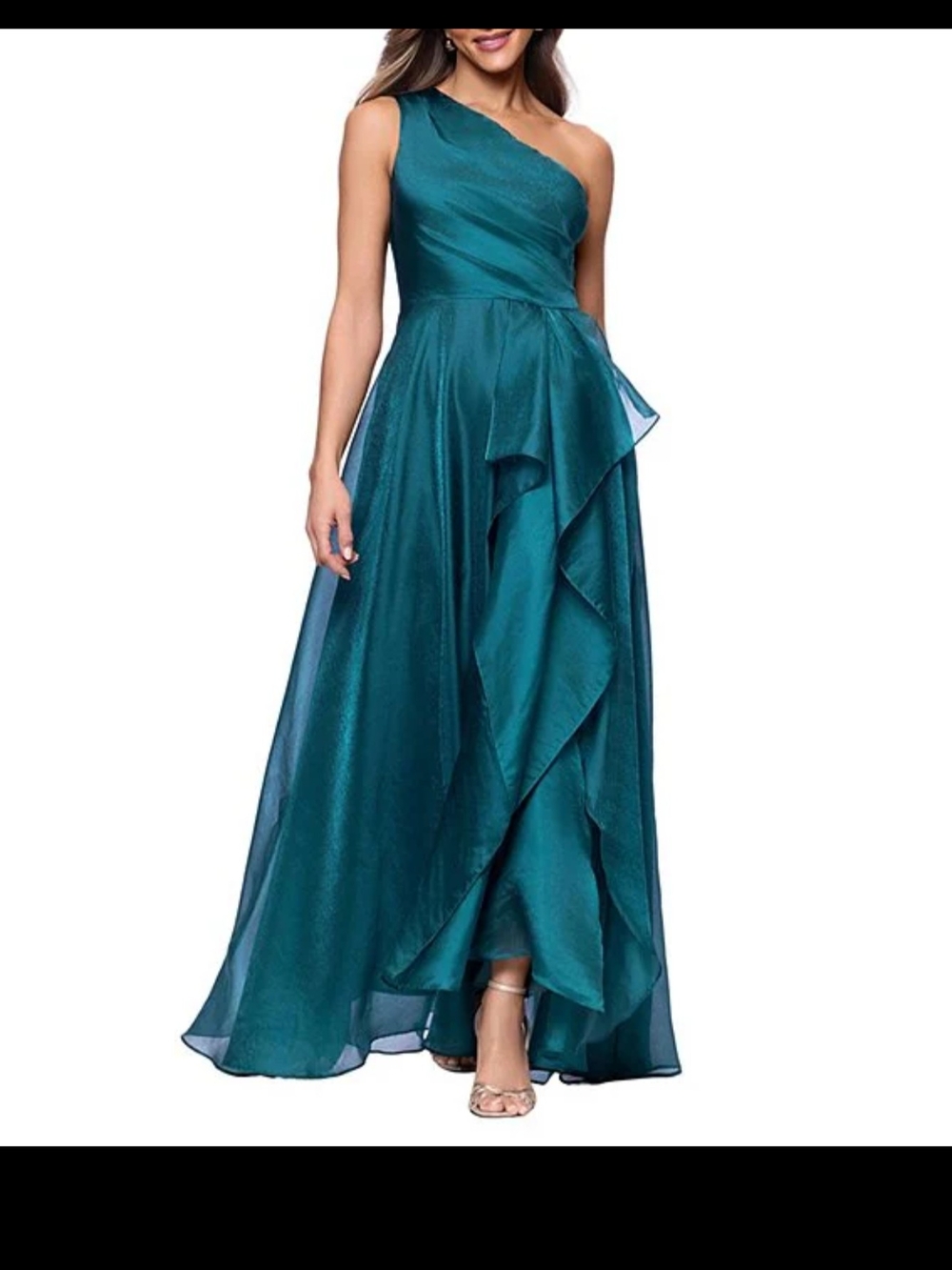 Xscape One-Shoulder Teal Satin Ruffle Gown
